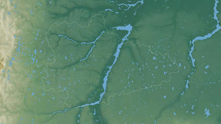 Kurgan, region of Russia. Colored relief with lakes and rivers. Shape outlined against its country area. 3D renderingの写真素材