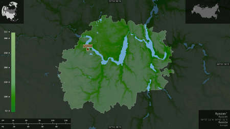 Ryazan', region of Russia. Colored shader data with lakes and rivers. Shape presented against its...