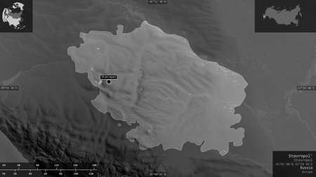 Stavropol', territory of Russia. Grayscaled map with lakes and rivers. Shape presented against its...