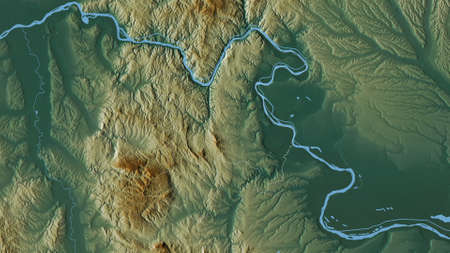 Borski, district of Serbia. Colored relief with lakes and rivers. Shape outlined against its country...