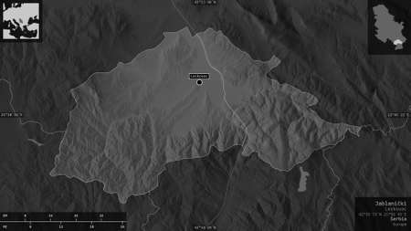 JablaniÄki, district of Serbia. Grayscaled map with lakes and rivers. Shape presented against its...