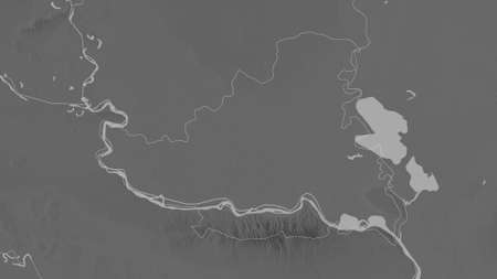 JuÅ¾no-BaÄki, district of Serbia. Grayscaled map with lakes and rivers. Shape outlined against its country area. 3D renderingの写真素材