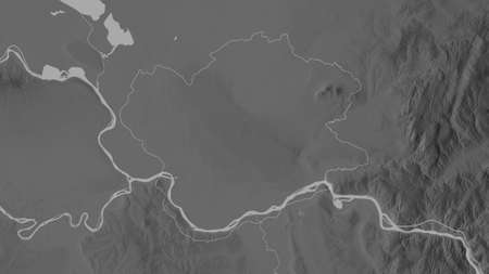 JuÅ¾no-Banatski, district of Serbia. Grayscaled map with lakes and rivers. Shape outlined against...
