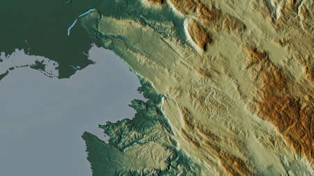 Obalno-kraÅ¡ka, statistical region of Slovenia. Colored relief with lakes and rivers. Shape outlined against its country area. 3D renderingの写真素材