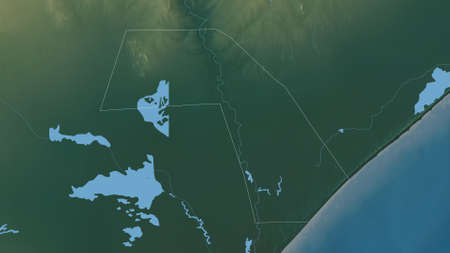 Jubbada Dhexe, region of Somalia. Colored relief with lakes and rivers. Shape outlined against its...