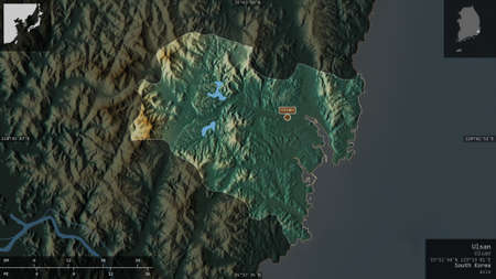 Ulsan, metropolitan city of South Korea. Colored relief with lakes and rivers. Shape presented...