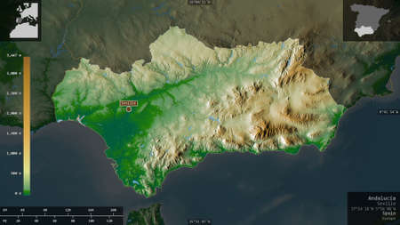AndalucÃ­a, autonomous community of Spain. Colored shader data with lakes and rivers. Shape...