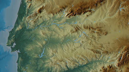 Extremadura, autonomous community of Spain. Colored relief with lakes and rivers. Shape outlined...