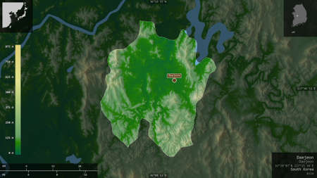 Daejeon, metropolitan city of South Korea. Colored shader data with lakes and rivers. Shape...