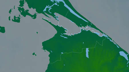 Kilinochchi, district of Sri Lanka. Colored shader data with lakes and rivers. Shape outlined...