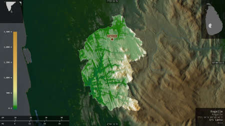 Kegalle, district of Sri Lanka. Colored shader data with lakes and rivers. Shape presented against...
