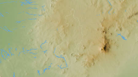 West Darfur, state of Sudan. Colored shader data with lakes and rivers. Shape outlined against its...