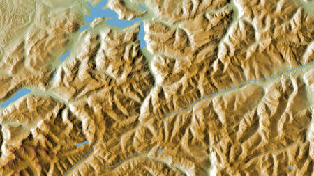 Uri, canton of Switzerland. Colored shader data with lakes and rivers. Shape outlined against its country area. 3D renderingの写真素材