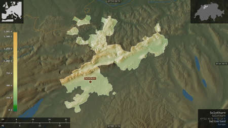 Solothurn, canton of Switzerland. Colored shader data with lakes and rivers. Shape presented against...