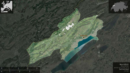NeuchÃ¢tel, canton of Switzerland. Satellite imagery. Shape presented against its country area...
