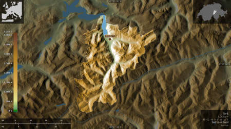 Uri, canton of Switzerland. Colored shader data with lakes and rivers. Shape presented against its...