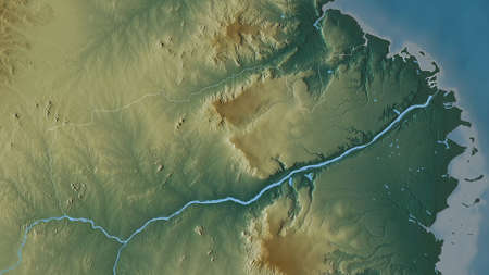 Mtwara, region of Tanzania. Colored relief with lakes and rivers. Shape outlined against its country...
