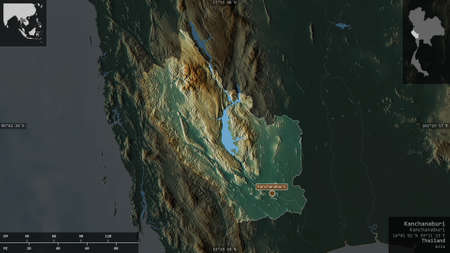 Kanchanaburi, province of Thailand. Colored relief with lakes and rivers. Shape presented against...