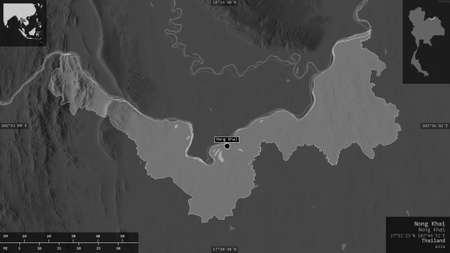Nong Khai, province of Thailand. Grayscaled map with lakes and rivers. Shape presented against its...
