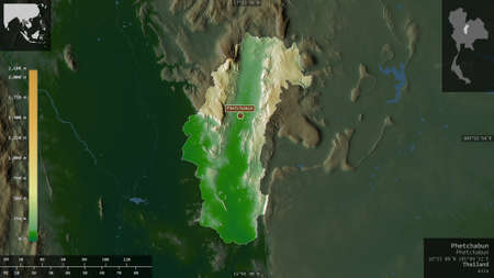 Phetchabun, province of Thailand. Colored shader data with lakes and rivers. Shape presented against...