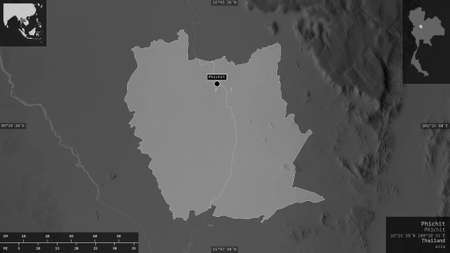 Phichit, province of Thailand. Grayscaled map with lakes and rivers. Shape presented against its...