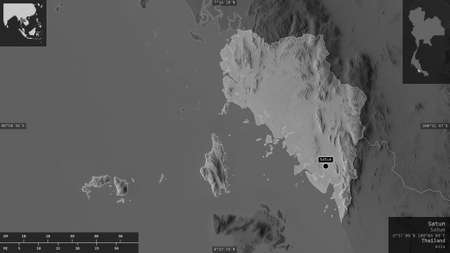 Satun, province of Thailand. Grayscaled map with lakes and rivers. Shape presented against its...