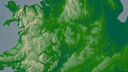 West Midlands, region of United Kingdom. Colored shader data with lakes and rivers. Shape outlined...
