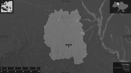 Zhytomyr, region of Ukraine. Grayscaled map with lakes and rivers. Shape presented against its country area with informative overlays. 3D renderingの写真素材