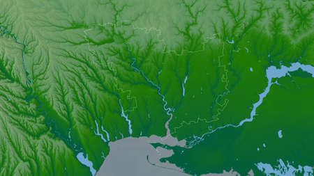 Mykolayiv, region of Ukraine. Colored shader data with lakes and rivers. Shape outlined against its...