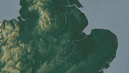 East Midlands, region of United Kingdom. Colored relief with lakes and rivers. Shape outlined...