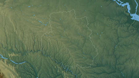 Vinnytsya, region of Ukraine. Colored relief with lakes and rivers. Shape outlined against its...
