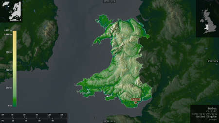 Wales, region of United Kingdom. Colored shader data with lakes and rivers. Shape presented against...