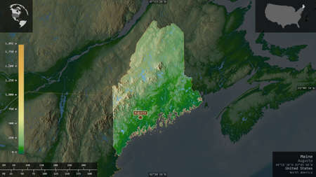 Maine, state of United States. Colored shader data with lakes and rivers. Shape presented against...