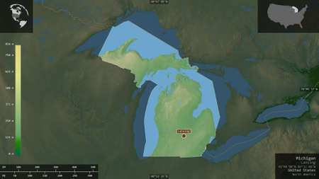 Michigan, state of United States. Colored shader data with lakes and rivers. Shape presented against...
