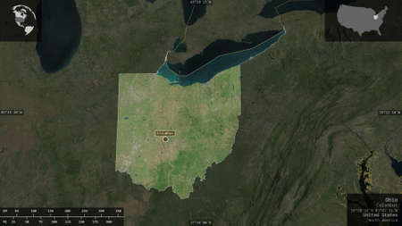 Ohio, state of United States. Satellite imagery. Shape presented against its country area with...