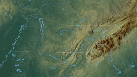 Tennessee, state of United States. Colored relief with lakes and rivers. Shape outlined against its...