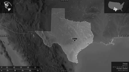 Texas, state of United States. Grayscaled map with lakes and rivers. Shape presented against its...