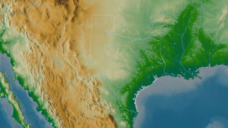 Texas, state of United States. Colored shader data with lakes and rivers. Shape outlined against its...