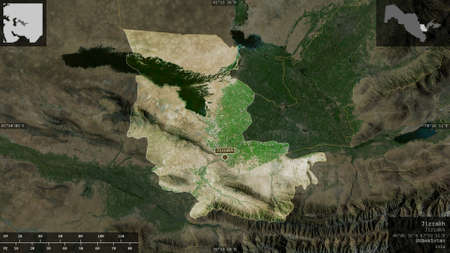 Jizzakh, region of Uzbekistan. Satellite imagery. Shape presented against its country area with...