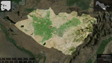 Kashkadarya, region of Uzbekistan. Satellite imagery. Shape presented against its country area with...