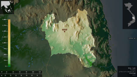 Gia Lai, province of Vietnam. Colored shader data with lakes and rivers. Shape presented against its...