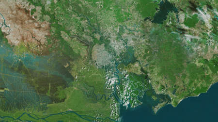 Há»“ ChÃ­ Minh City, city of Vietnam. Satellite imagery. Shape outlined against its country...
