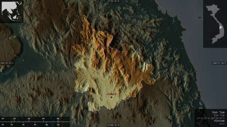 Kon Tum, province of Vietnam. Colored relief with lakes and rivers. Shape presented against its...