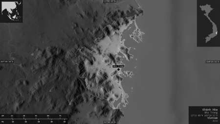 KhÃ¡nh HÃ²a, province of Vietnam. Grayscaled map with lakes and rivers. Shape presented against...