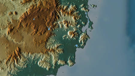 Ninh Thuáº­n, province of Vietnam. Colored relief with lakes and rivers. Shape outlined against...
