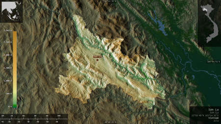 SÆ¡n La, province of Vietnam. Colored shader data with lakes and rivers. Shape presented against...