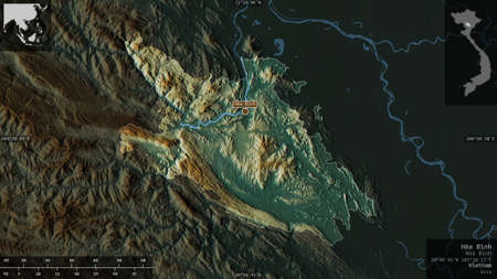 HÃ²a BÃ¬nh, province of Vietnam. Colored relief with lakes and rivers. Shape presented against...