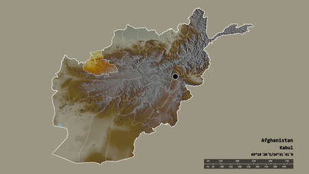 Desaturated shape of Afghanistan with its capital, main regional division and the separated Badghis area. Labels. Topographic relief map. 3D renderingの写真素材