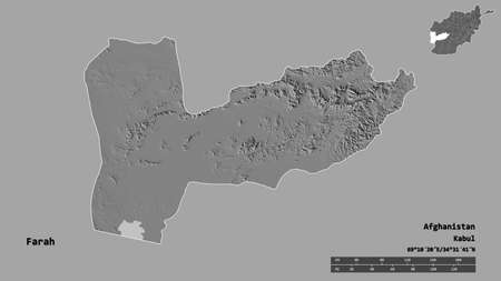Shape of Farah, province of Afghanistan, with its capital isolated on solid background. Distance scale, region preview and labels. Bilevel elevation map. 3D renderingの写真素材