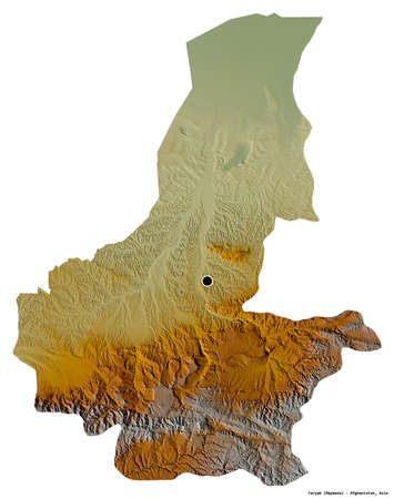 Shape of Faryab, province of Afghanistan, with its capital isolated on white background. Topographic relief map. 3D renderingの写真素材